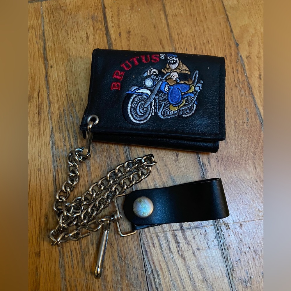 Brutus on motorcycle leather trifold wallet with chain popeye olive oyl cartoons